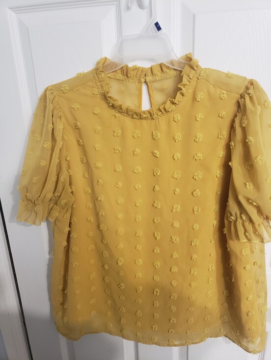 SHEIN Tops - Shein Yellow Ruffle Neck Swiss Dot Blouse Size 2XL
